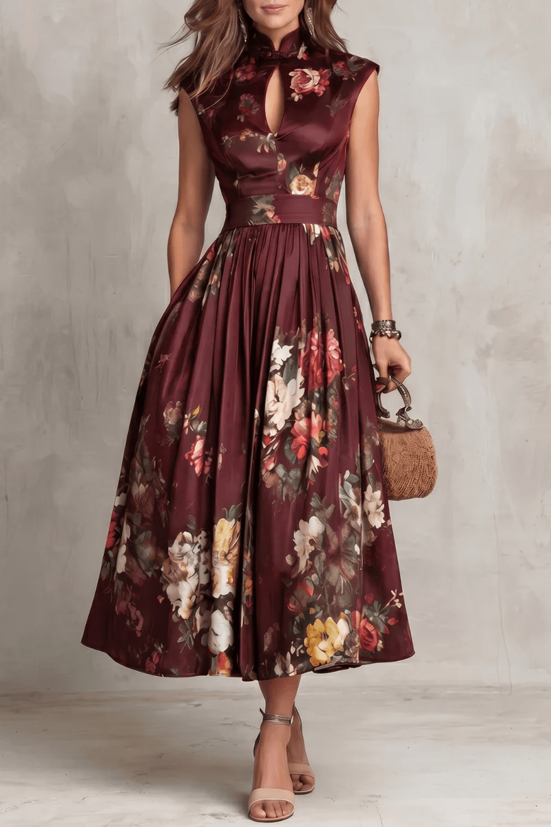 Rosalie™ | Keyhole Collar Floral Pleated Satin Midi Dress