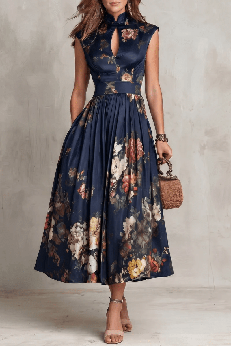 Rosalie™ | Keyhole Collar Floral Pleated Satin Midi Dress
