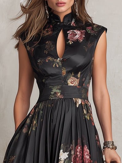 Rosalie™ | Keyhole Collar Floral Pleated Satin Midi Dress