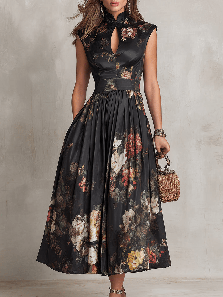 Rosalie™ | Keyhole Collar Floral Pleated Satin Midi Dress