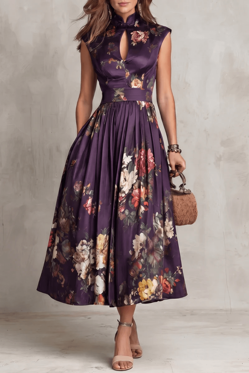 Rosalie™ | Keyhole Collar Floral Pleated Satin Midi Dress
