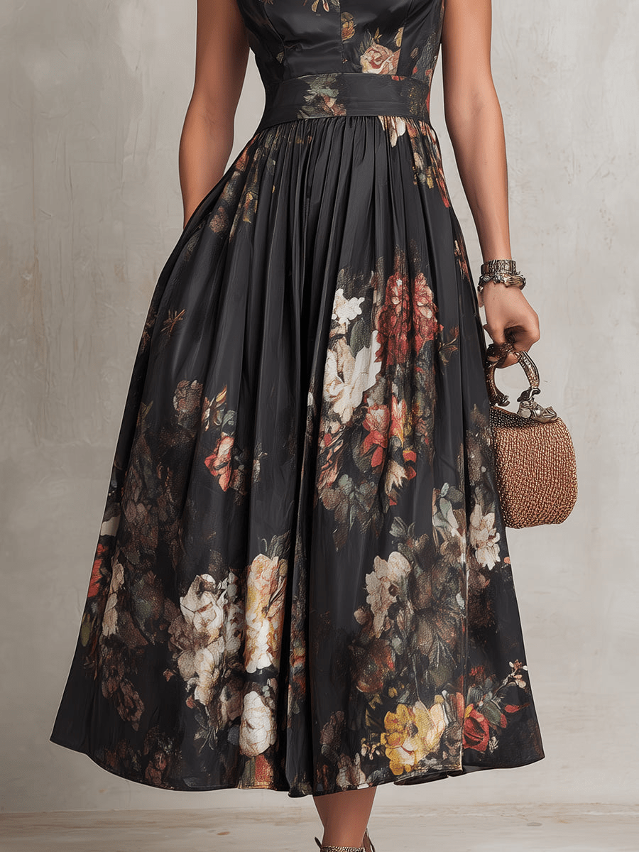 Rosalie™ | Keyhole Collar Floral Pleated Satin Midi Dress