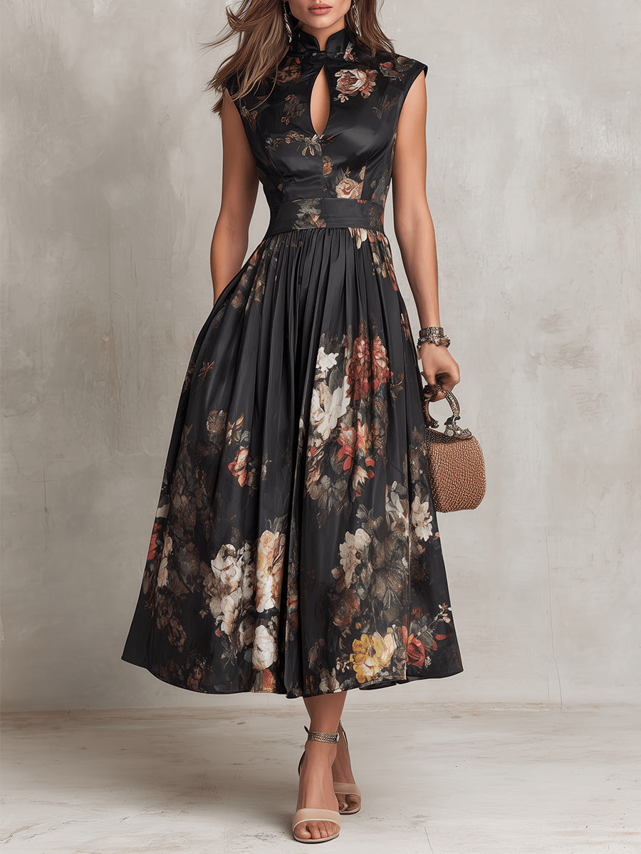 Rosalie™ | Keyhole Collar Floral Pleated Satin Midi Dress