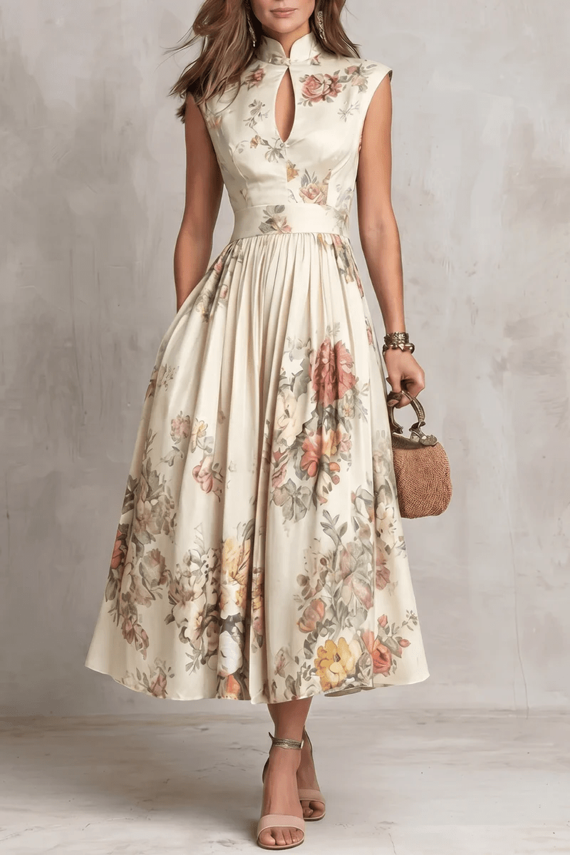 Rosalie™ | Keyhole Collar Floral Pleated Satin Midi Dress