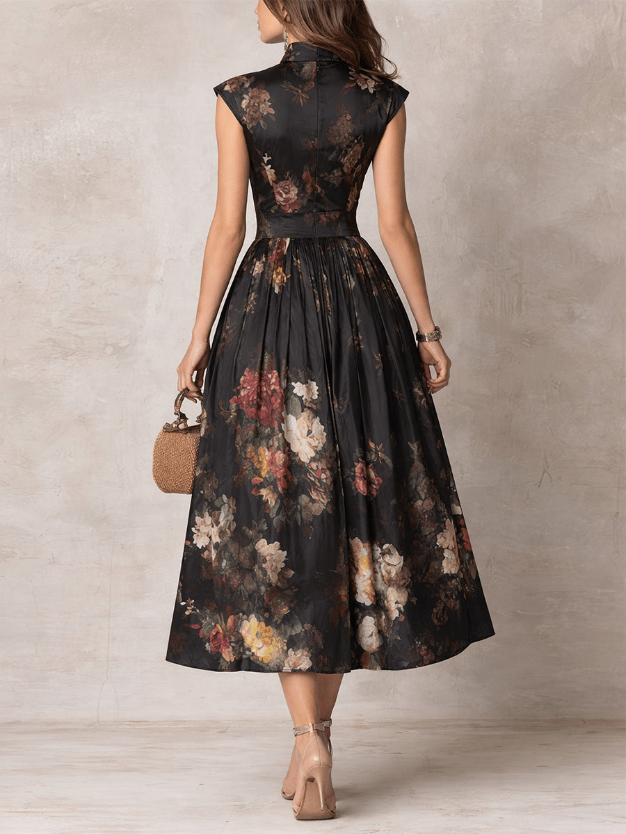 Rosalie™ | Keyhole Collar Floral Pleated Satin Midi Dress